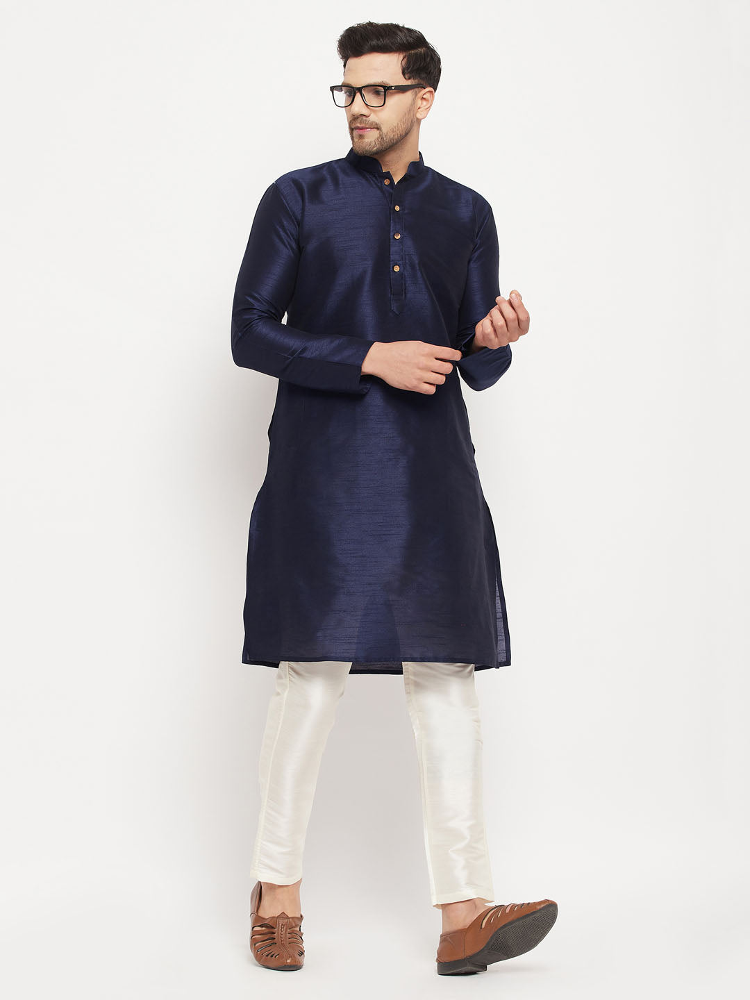 Men's Navy Blue Silk Blend Kurta And Cream Pant Style Pyjama Set