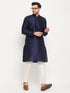 Men's Navy Blue Silk Blend Kurta And Cream Pant Style Pyjama Set