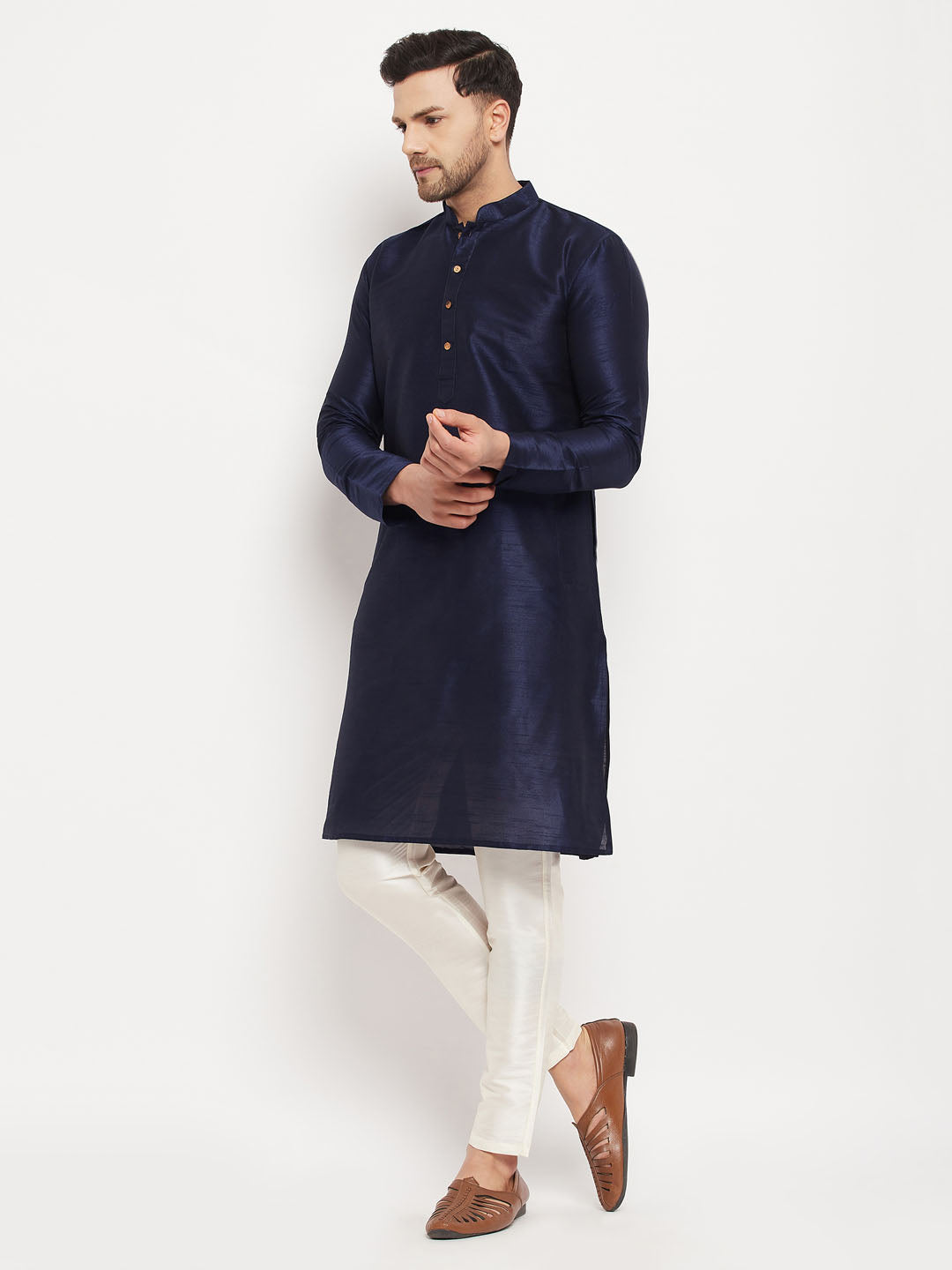 Men's Navy Blue Silk Blend Kurta And Cream Pant Style Pyjama Set