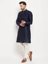 Men's Navy Blue Silk Blend Kurta And Cream Pant Style Pyjama Set