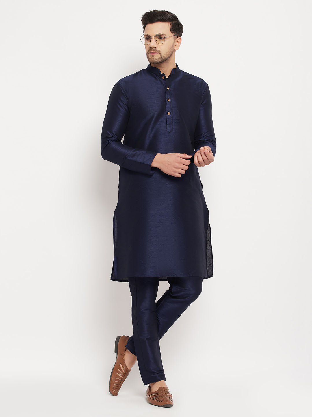 Men's Navy Blue Silk Blend Kurta And Navy Blue Pant Style Pyjama Set