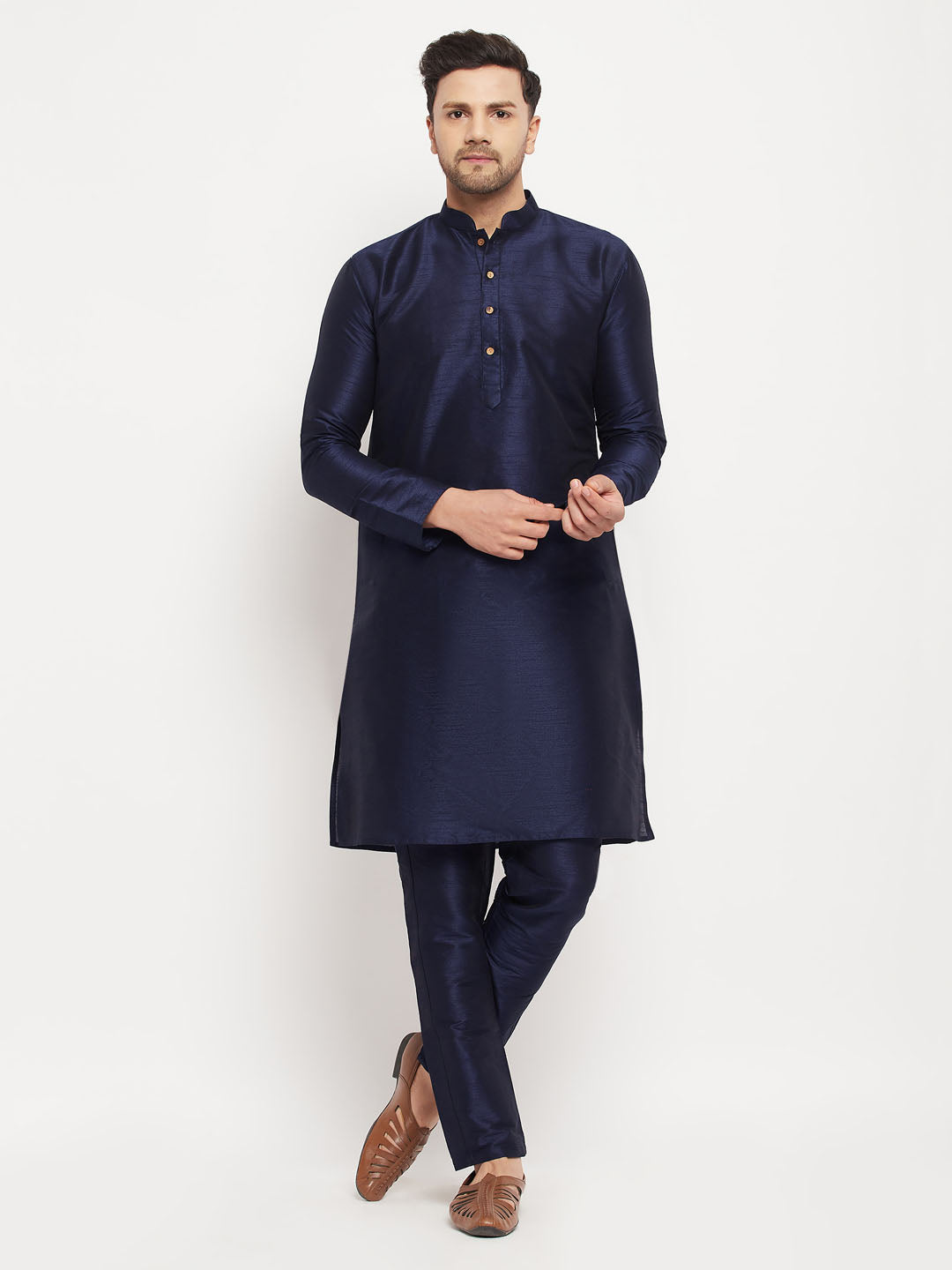 Men's Navy Blue Silk Blend Kurta And Navy Blue Pant Style Pyjama Set