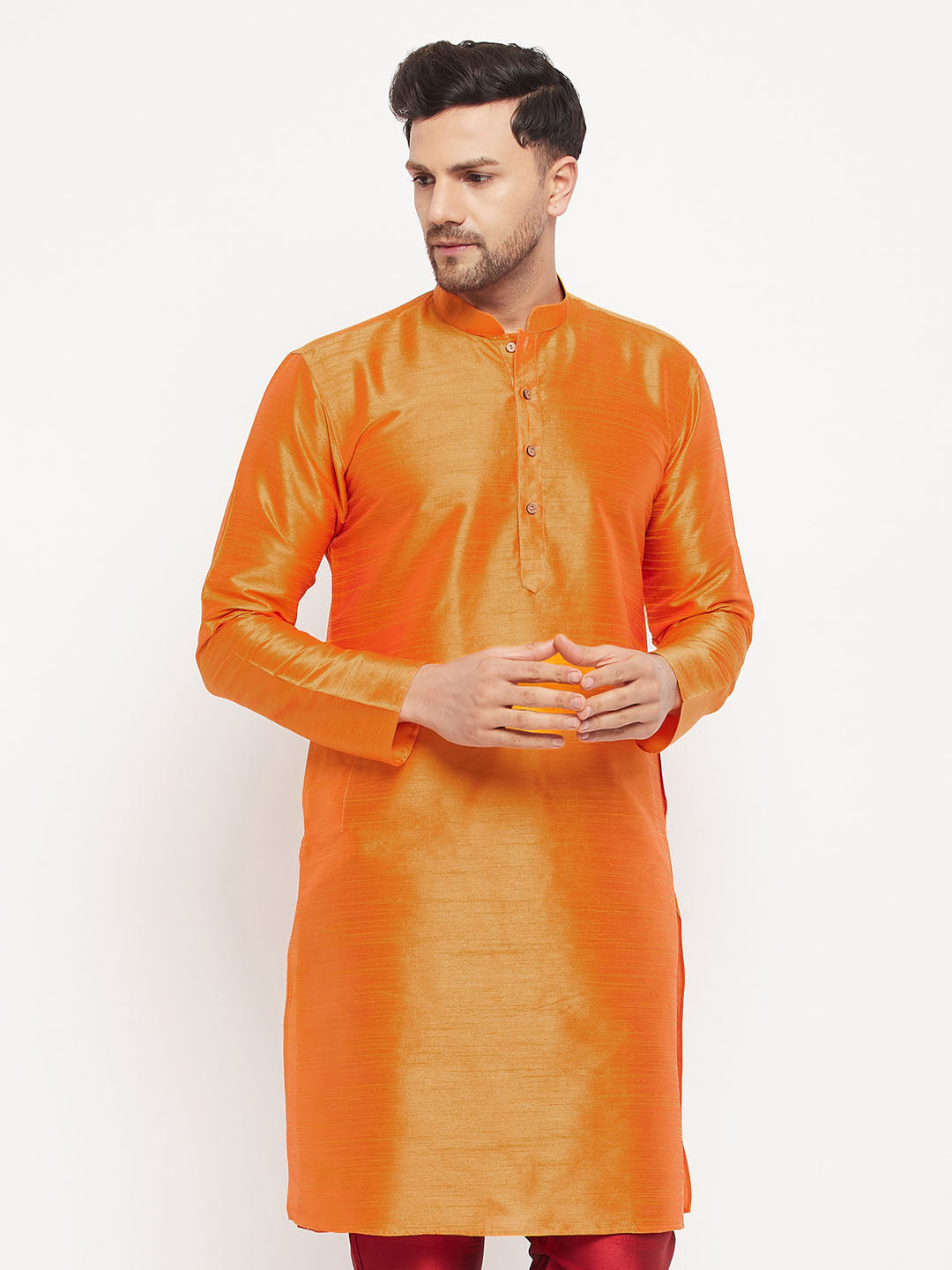 VASTRAMAY Men's Orange Cotton Silk Blend Kurta