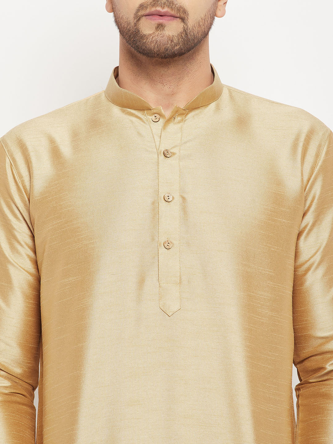 Men's Rose Gold Silk Blend Kurta And Black Pant Style Pyjama Set