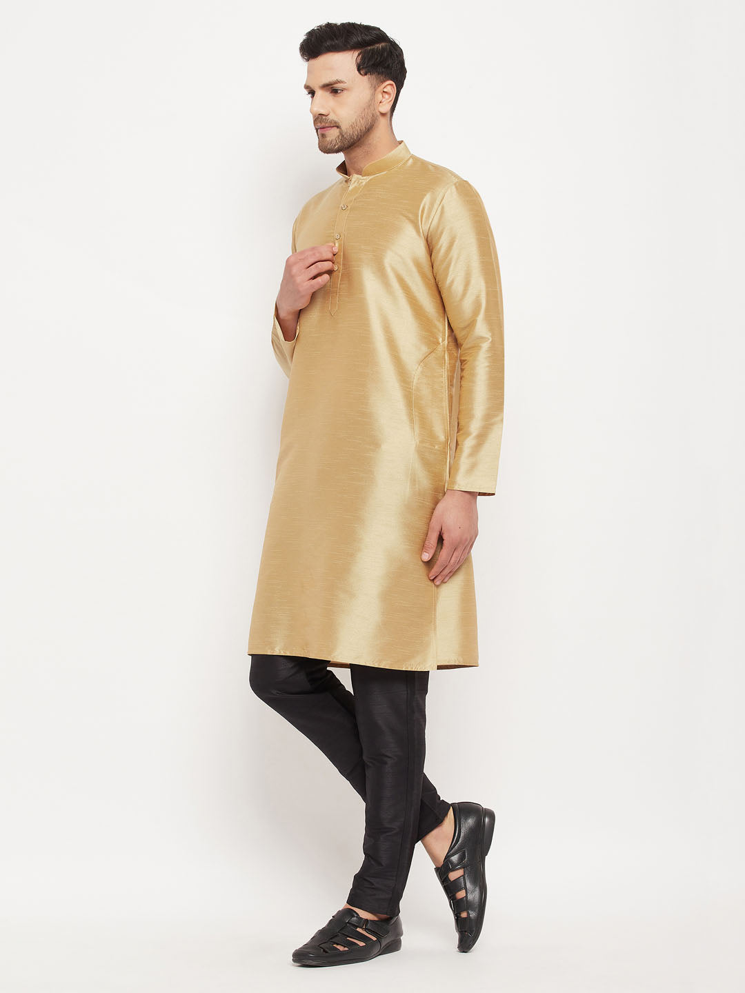 Men's Rose Gold Silk Blend Kurta And Black Pant Style Pyjama Set