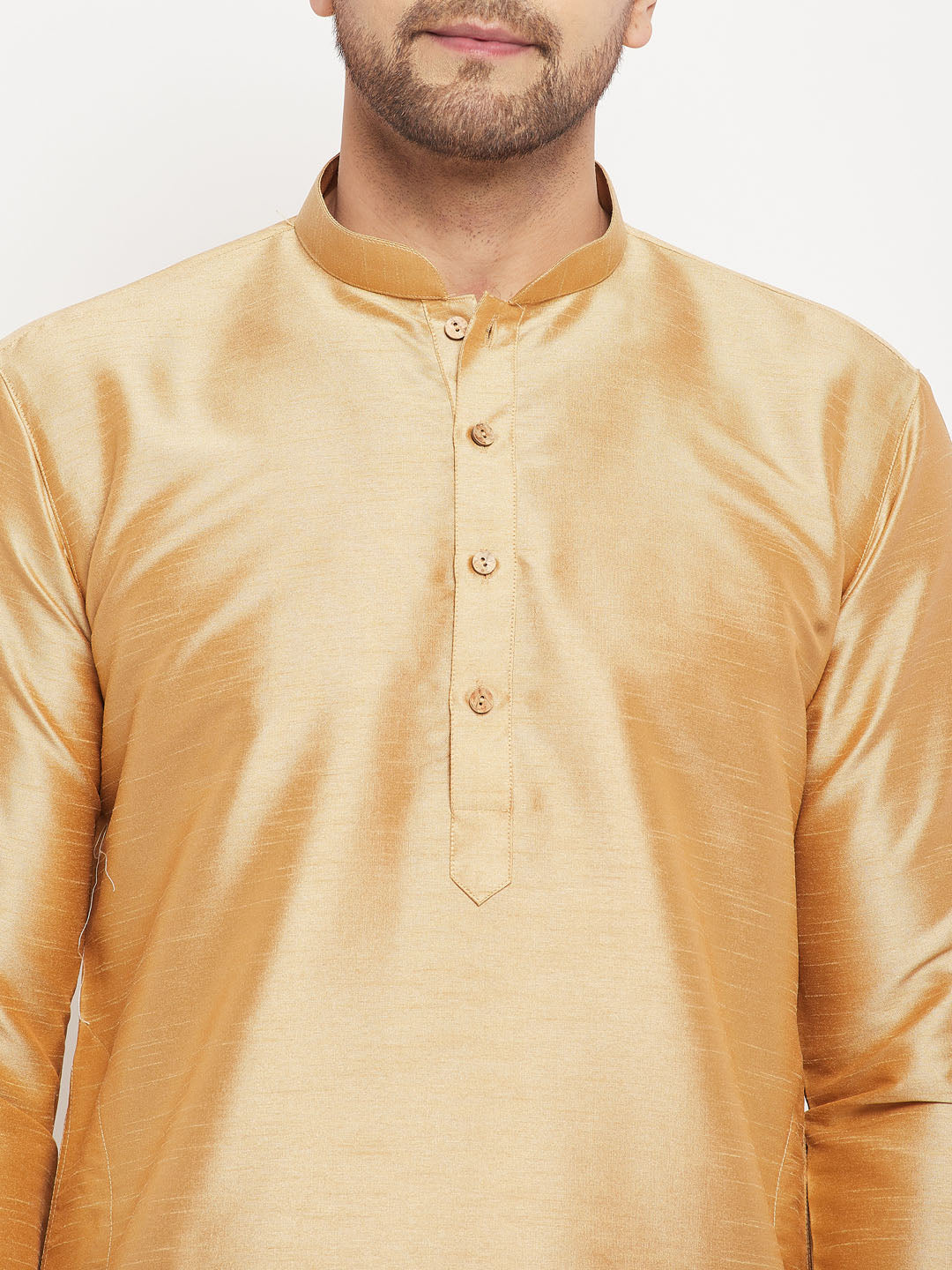 Men's Rose Gold Silk Blend Kurta And Maroon Pant Style Pyjama Set