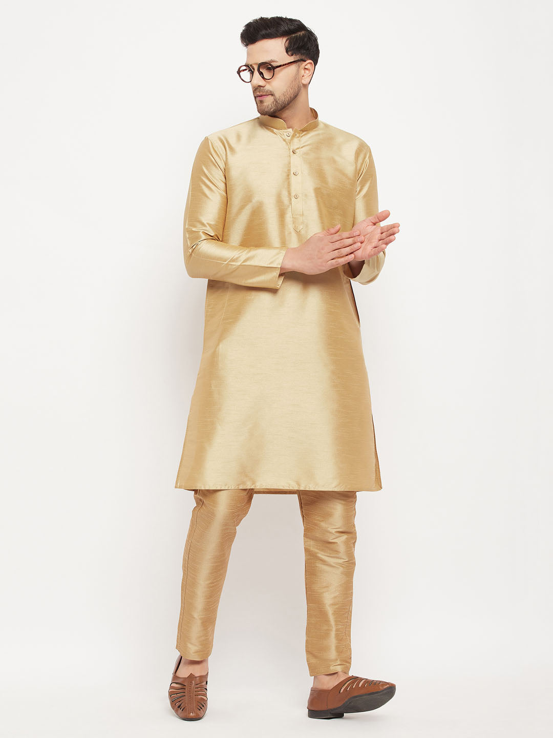 Men's Rose Gold Silk Blend Kurta And Rose Gold Pant Style Pyjama Set