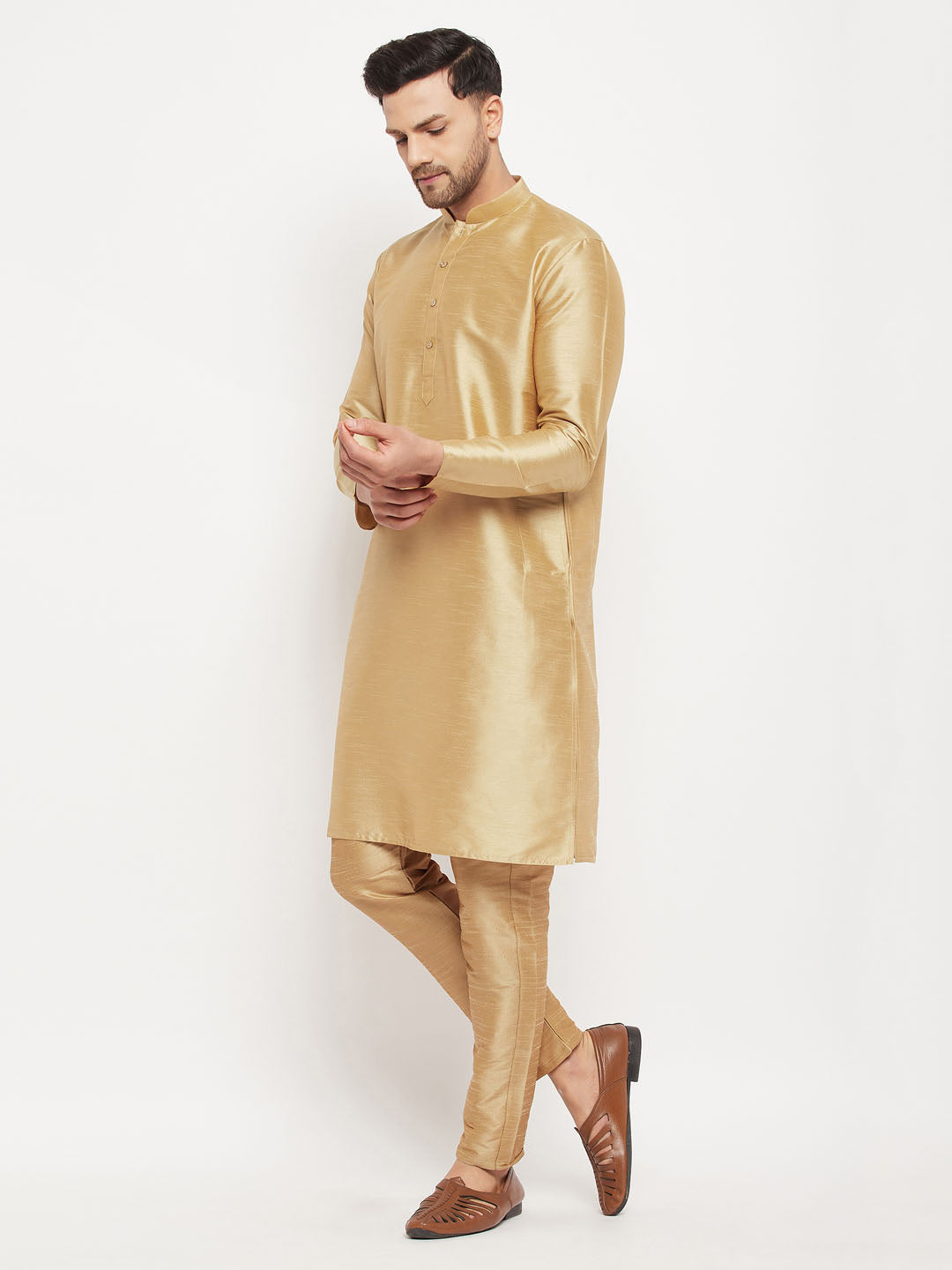 Men's Rose Gold Silk Blend Kurta And Rose Gold Pant Style Pyjama Set