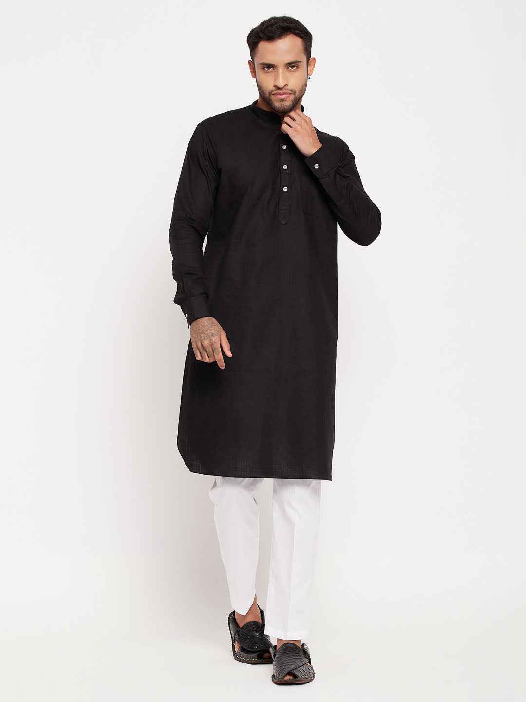 Men's Black And White Cotton Blend Pathani Suit With White Pant Set