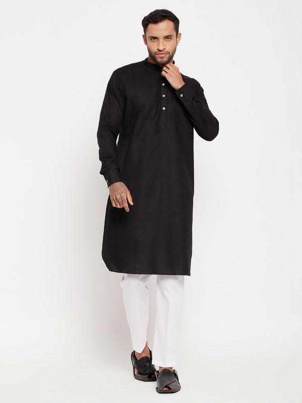 Men's Black And White Cotton Blend Pathani Suit With White Pant Set