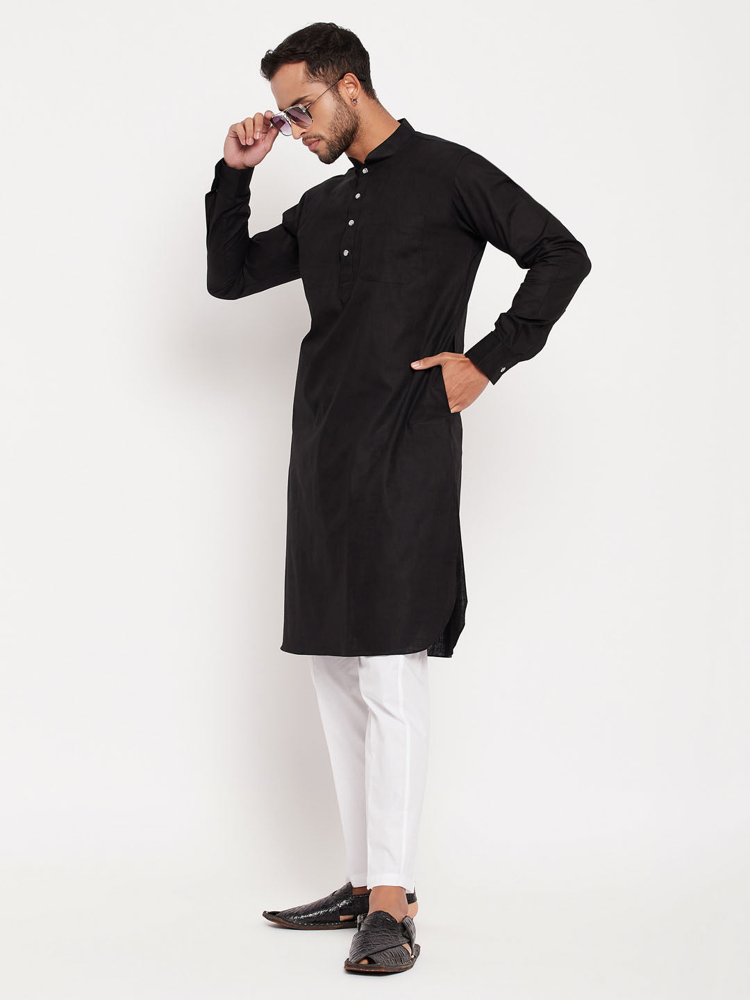 Men's Black And White Cotton Blend Pathani Suit With White Pant Set