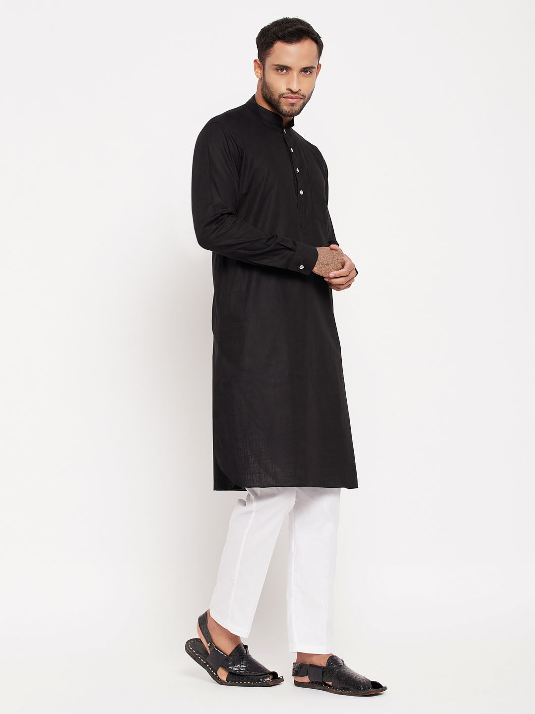 Men's Black And White Cotton Blend Pathani Suit With White Pant Set