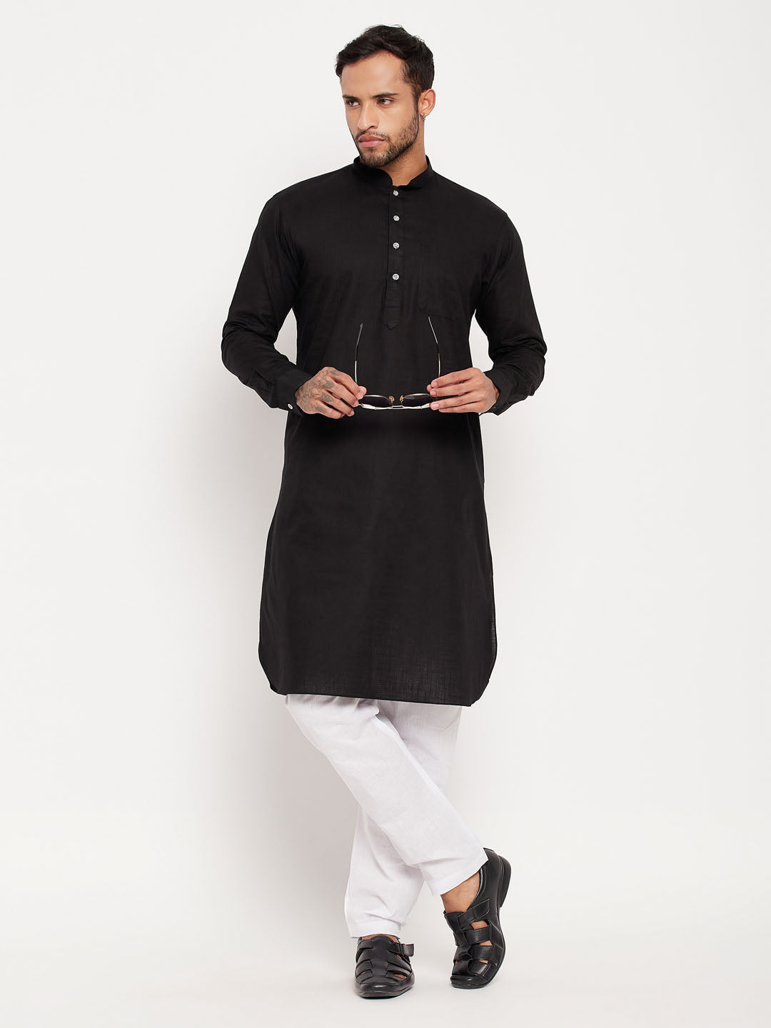 Men's Black And White Cotton Blend Pathani Suit Set