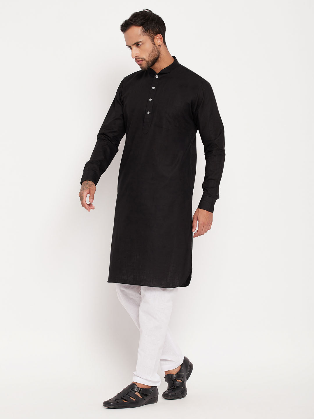 Men's Black And White Cotton Blend Pathani Suit Set