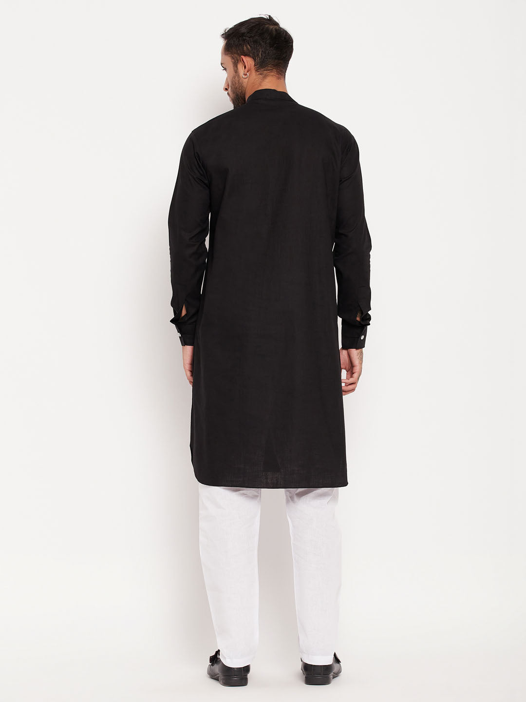 Men's Black And White Cotton Blend Pathani Suit Set