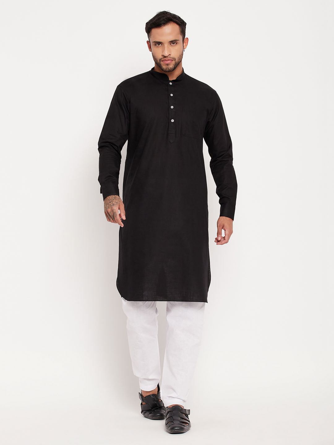 Men's Black And White Cotton Blend Pathani Suit Set