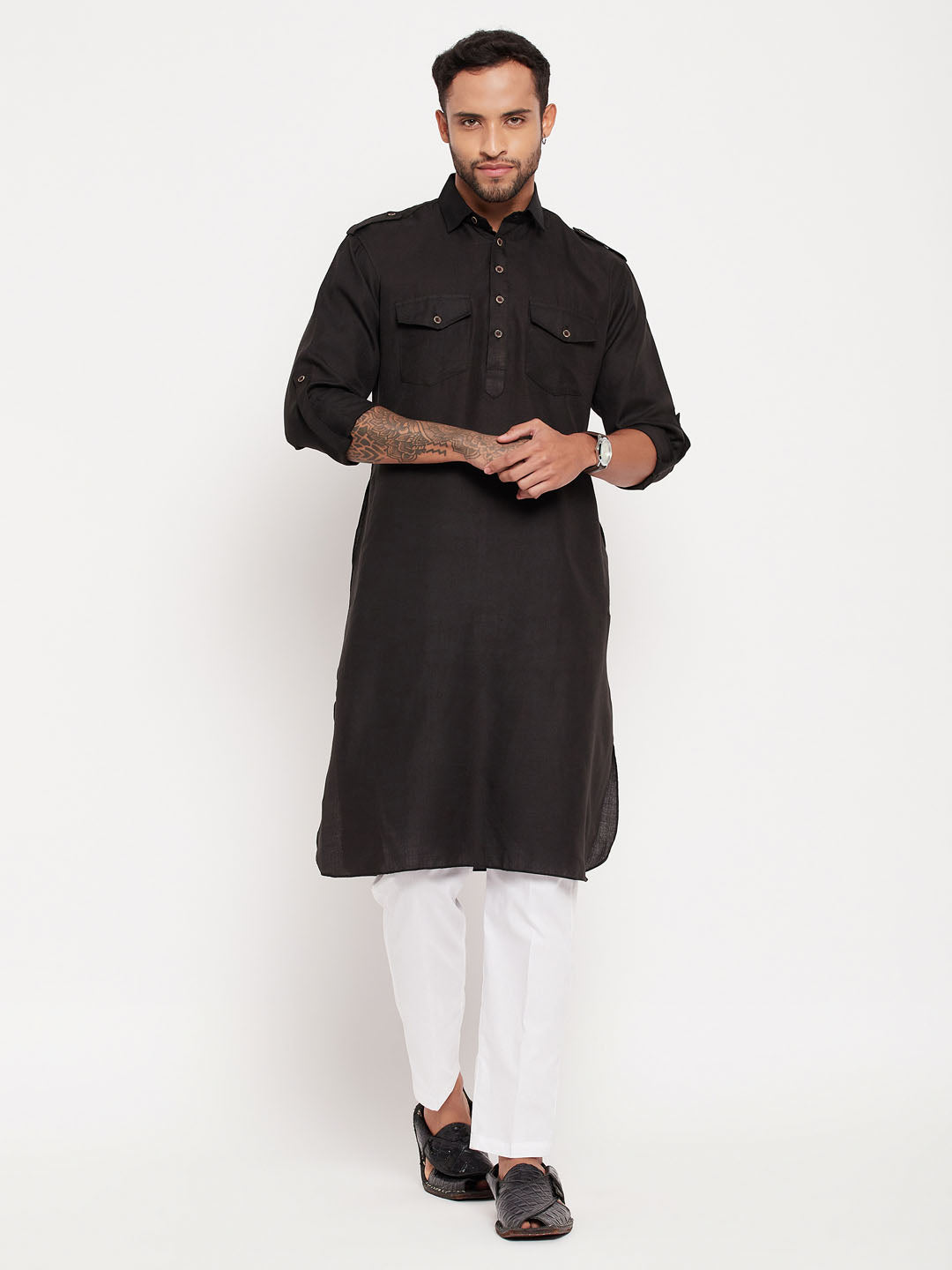 Men's Black Pathani Suit With White Pant Set