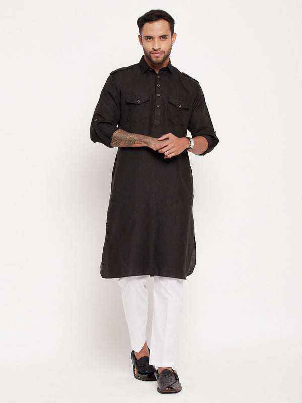 Men's Black Pathani Suit With White Pant Set
