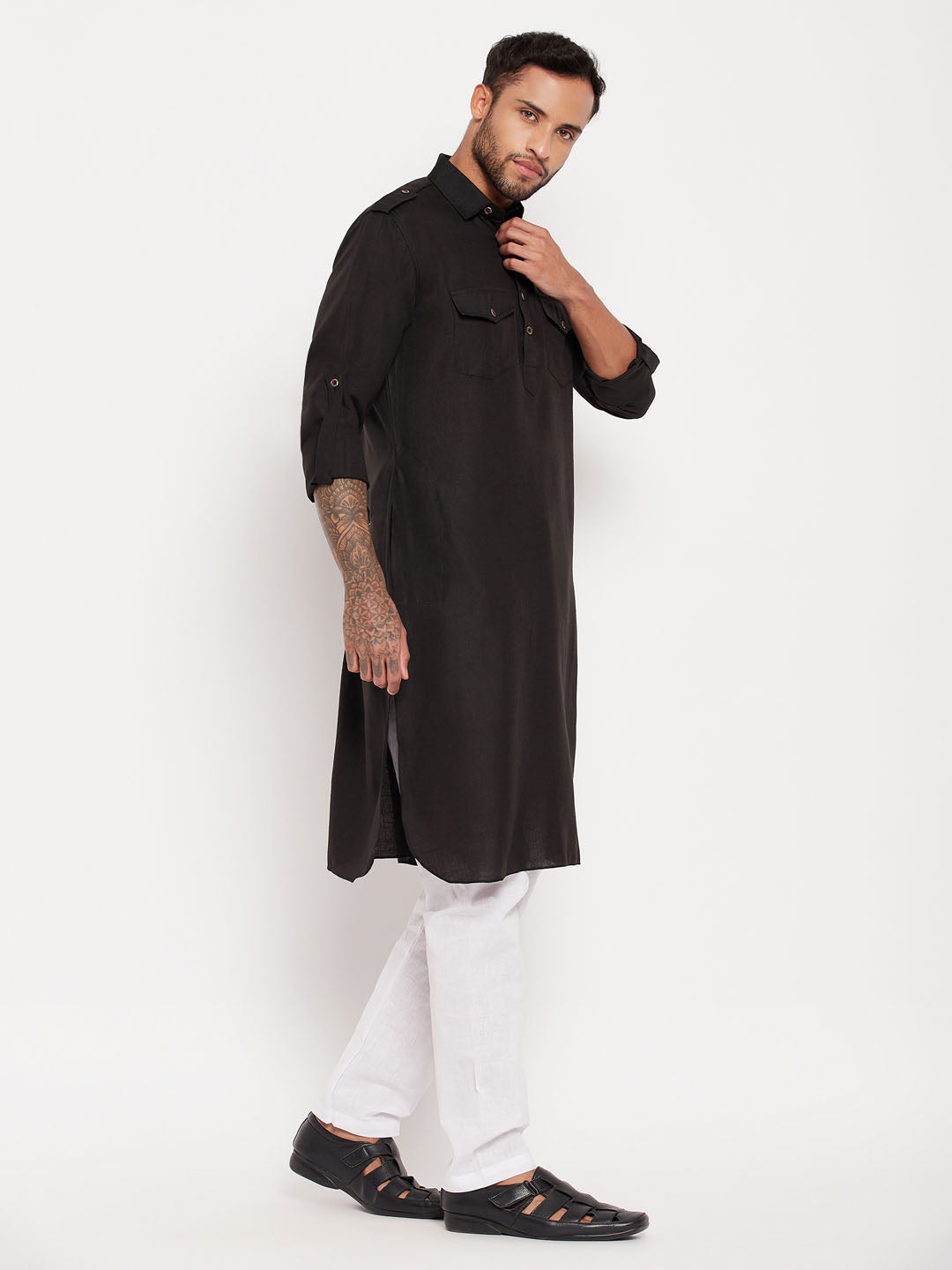 Men's Black And White Cotton Blend Pathani Suit Set