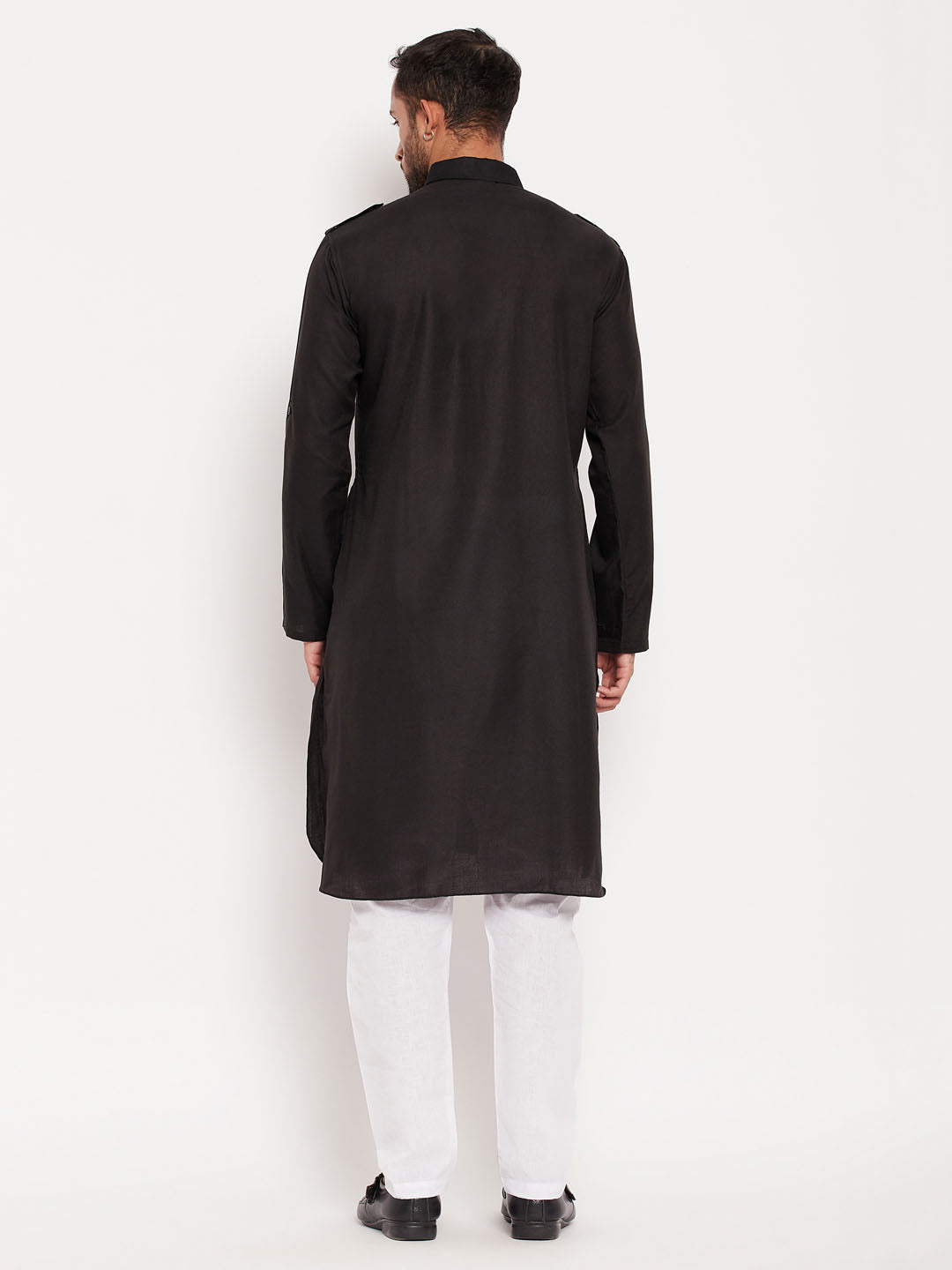 Men's Black And White Cotton Blend Pathani Suit Set