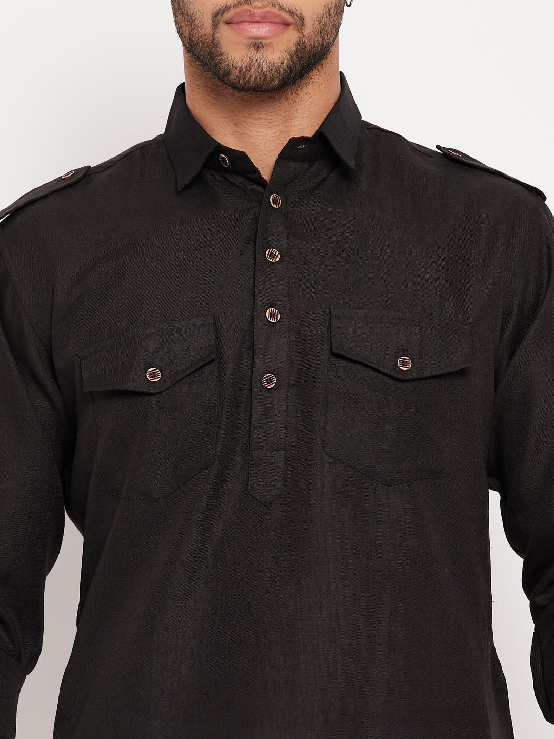 Men's Black And White Cotton Blend Pathani Suit Set