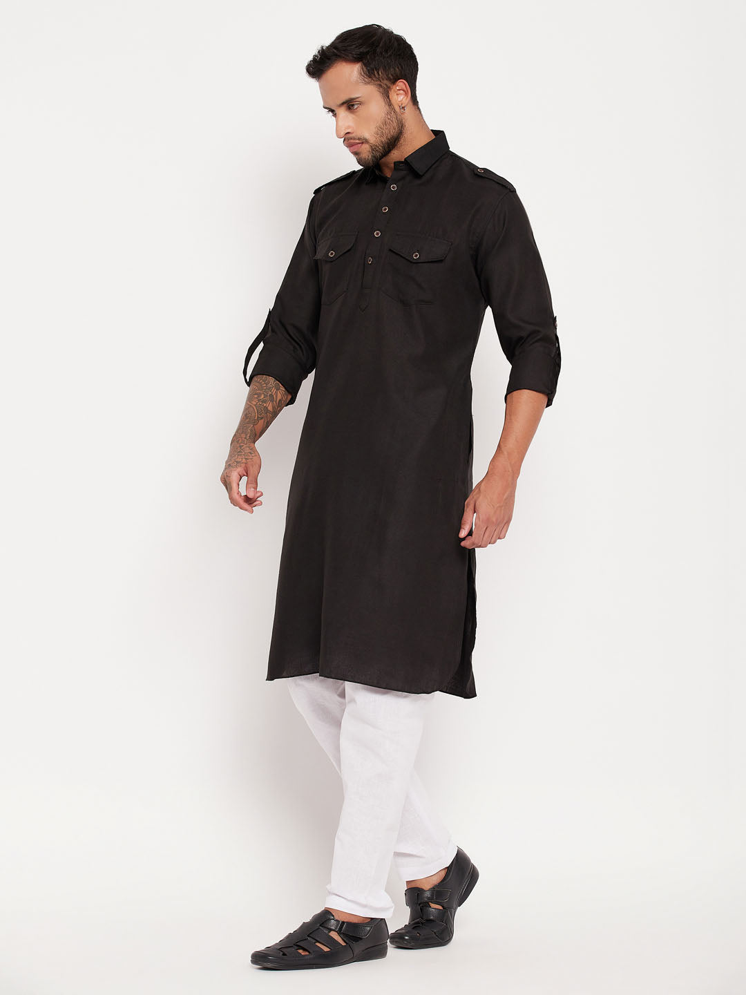 Men's Black And White Cotton Blend Pathani Suit Set