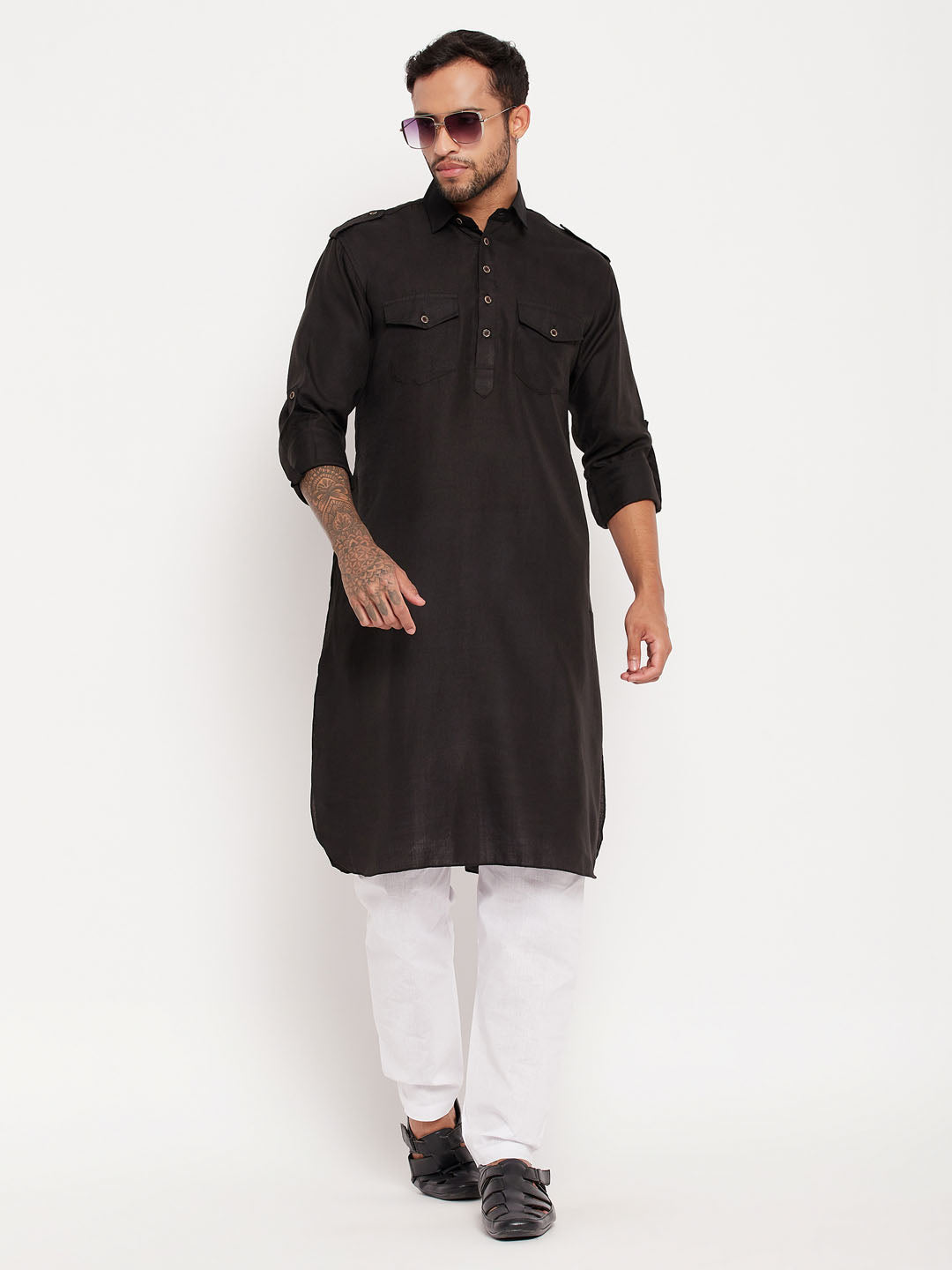 Men's Black And White Cotton Blend Pathani Suit Set