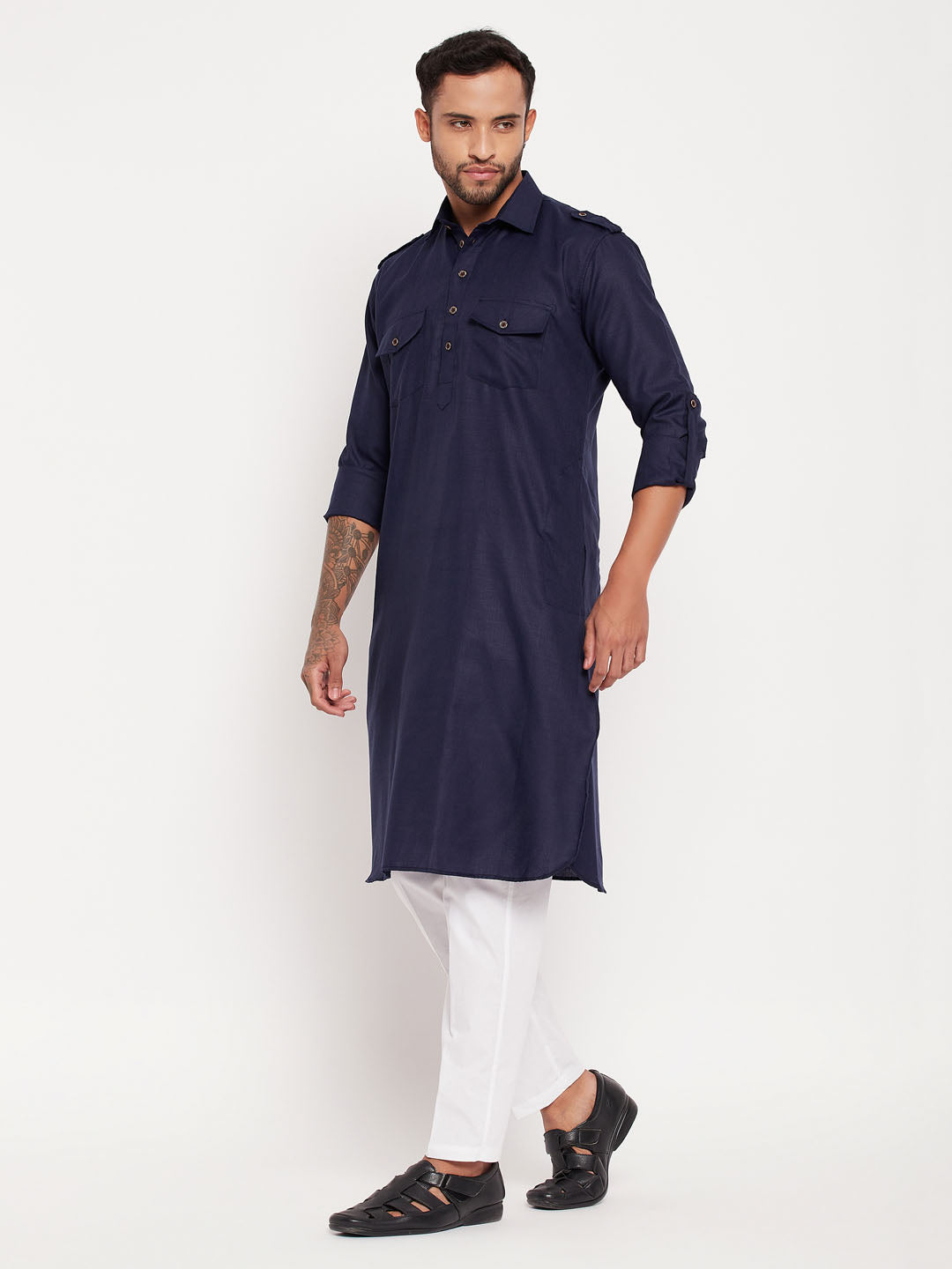 Men's Blue Pathani Suit With White Pant Set