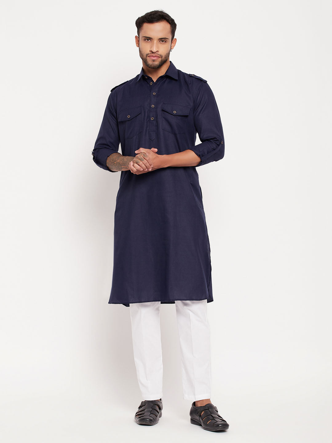 Men's Blue Pathani Suit With White Pant Set