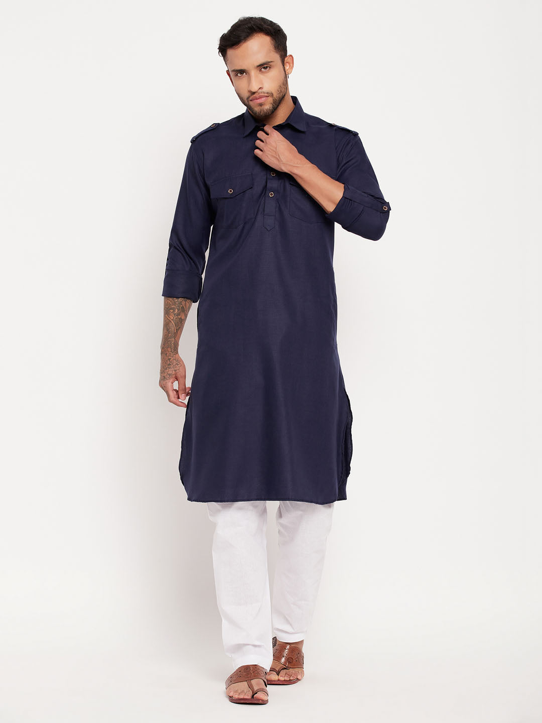 Men's Blue And White Cotton Blend Pathani Suit Set
