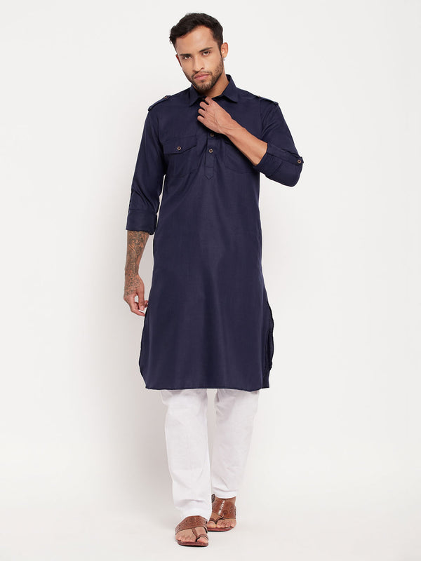 Men's Blue And White Cotton Blend Pathani Suit Set