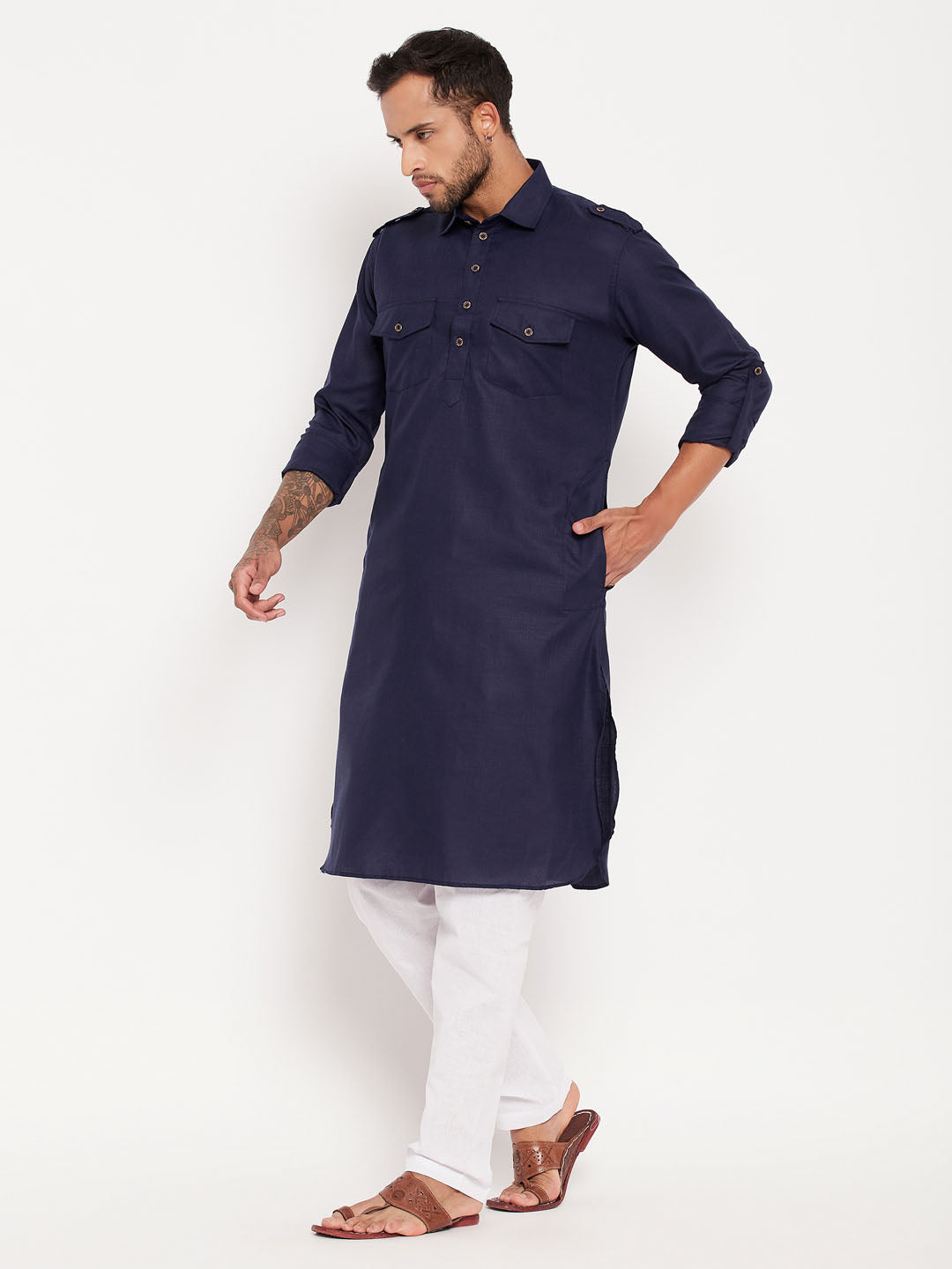 Men's Blue And White Cotton Blend Pathani Suit Set