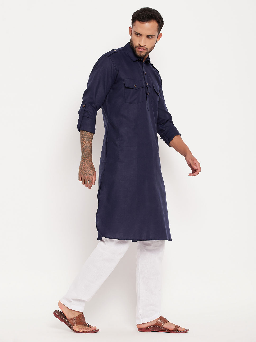 Men's Blue And White Cotton Blend Pathani Suit Set