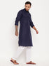 Men's Blue And White Cotton Blend Pathani Suit Set