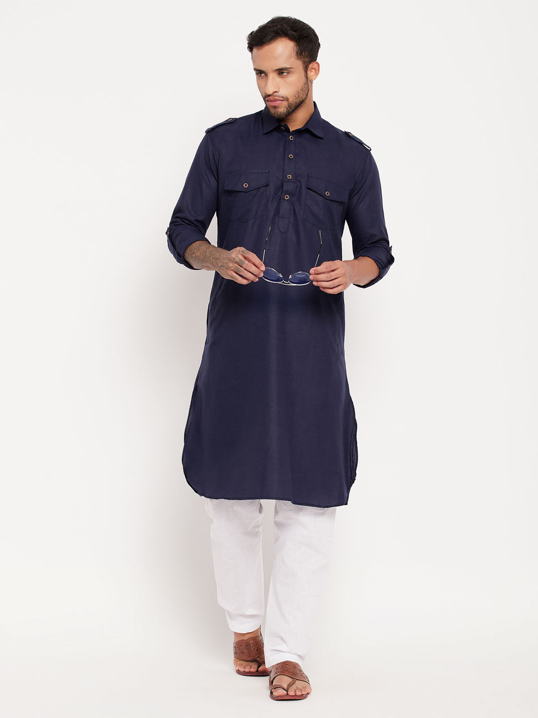 Men's Blue And White Cotton Blend Pathani Suit Set