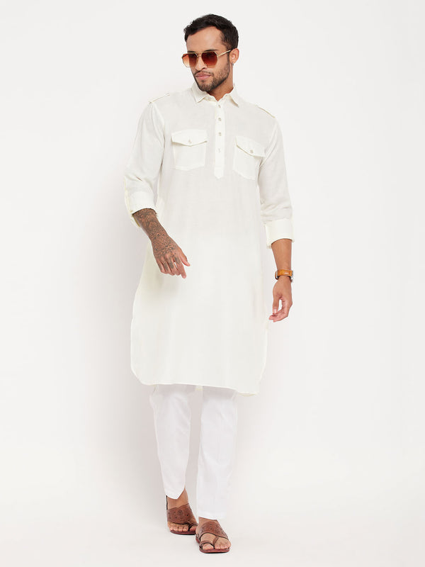 Men's Cream Pathani Suit With White Pant Set