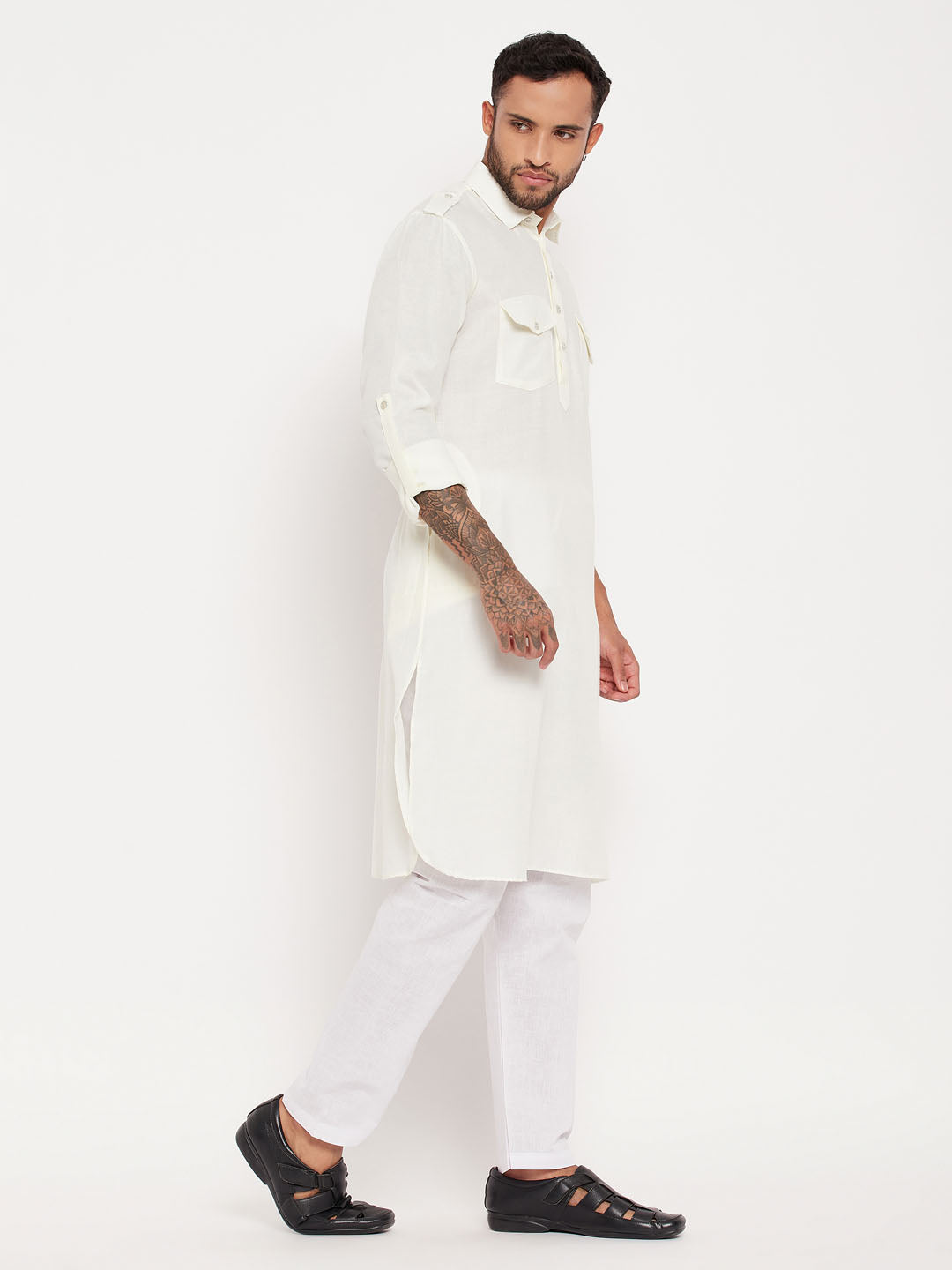Men's Cream And White Cotton Blend Pathani Suit Set