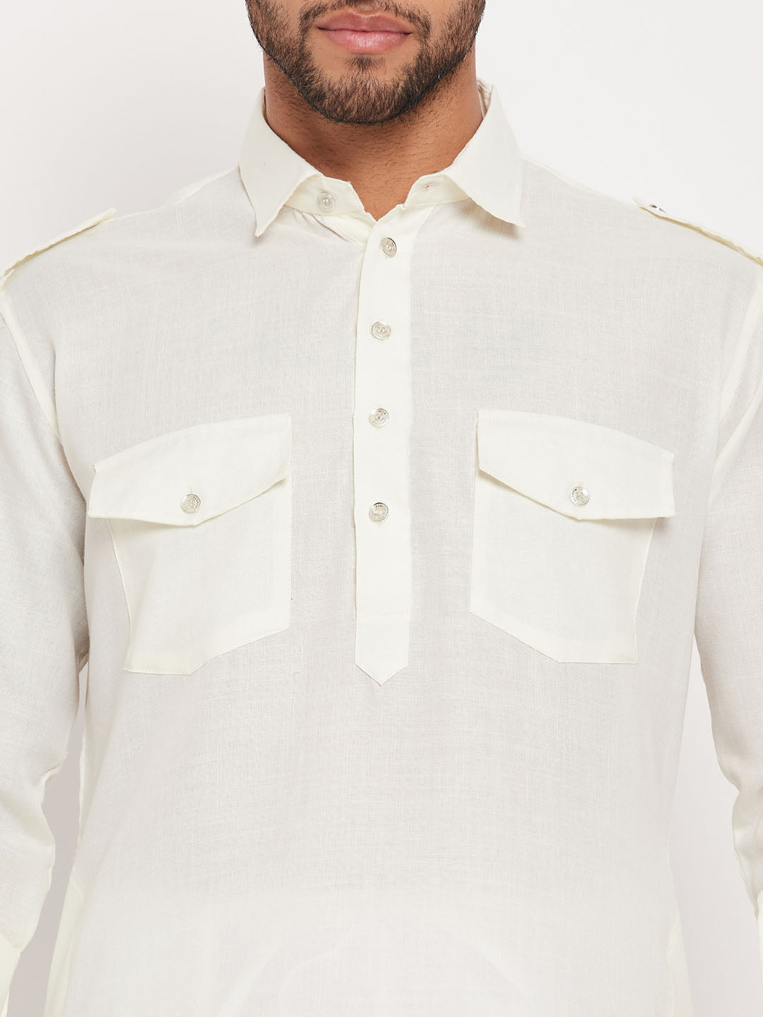 Men's Cream And White Cotton Blend Pathani Suit Set