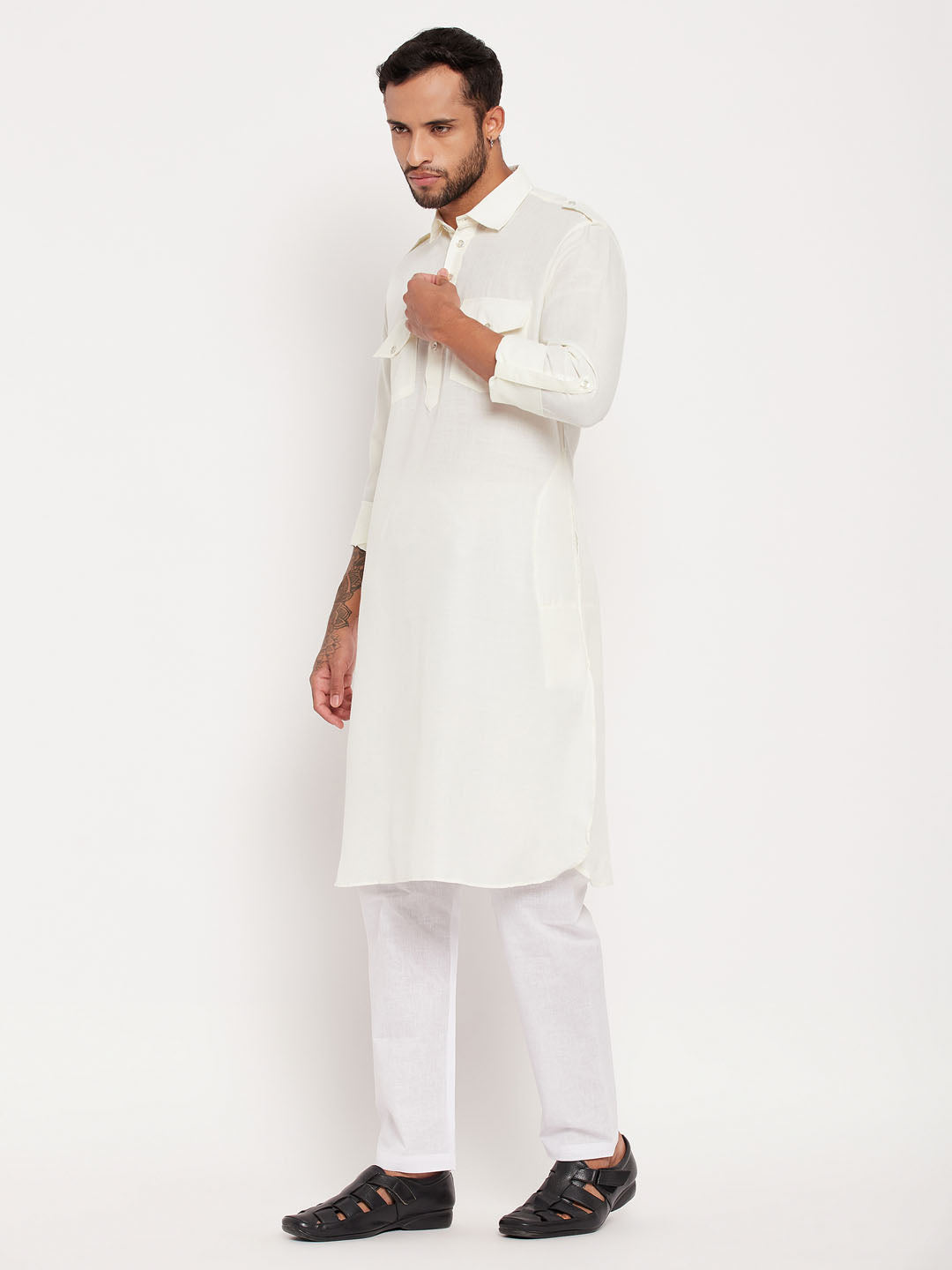 Men's Cream And White Cotton Blend Pathani Suit Set
