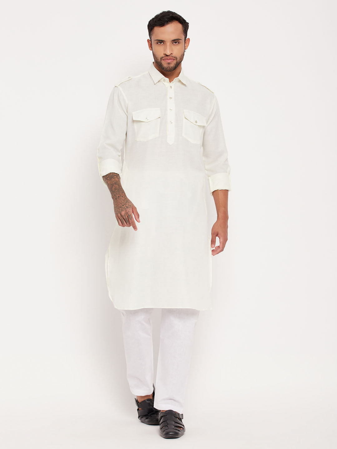 Men's Cream And White Cotton Blend Pathani Suit Set