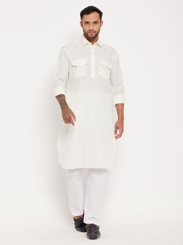 Men's Cream And White Cotton Blend Pathani Suit Set