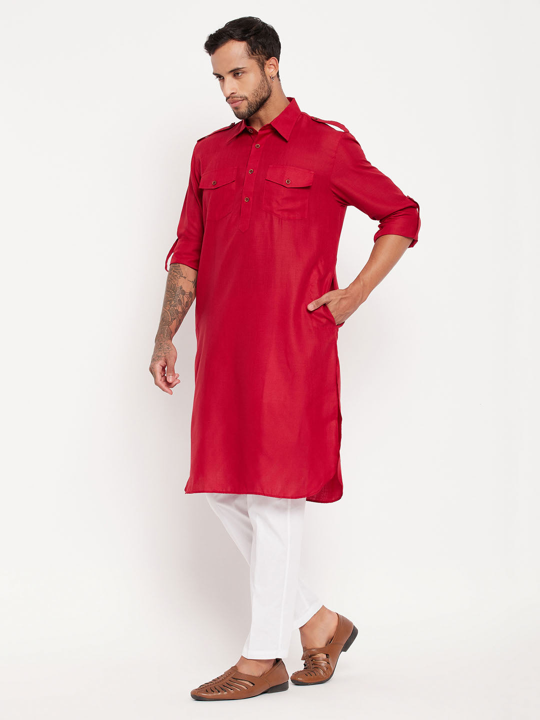Men's Maroon Pathani Suit With White Pant Set