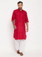 Men's Maroon And White Cotton Blend Pathani Suit Set
