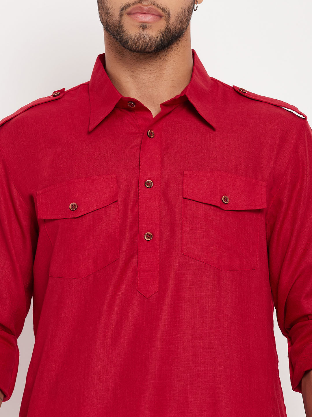 Men's Maroon And White Cotton Blend Pathani Suit Set