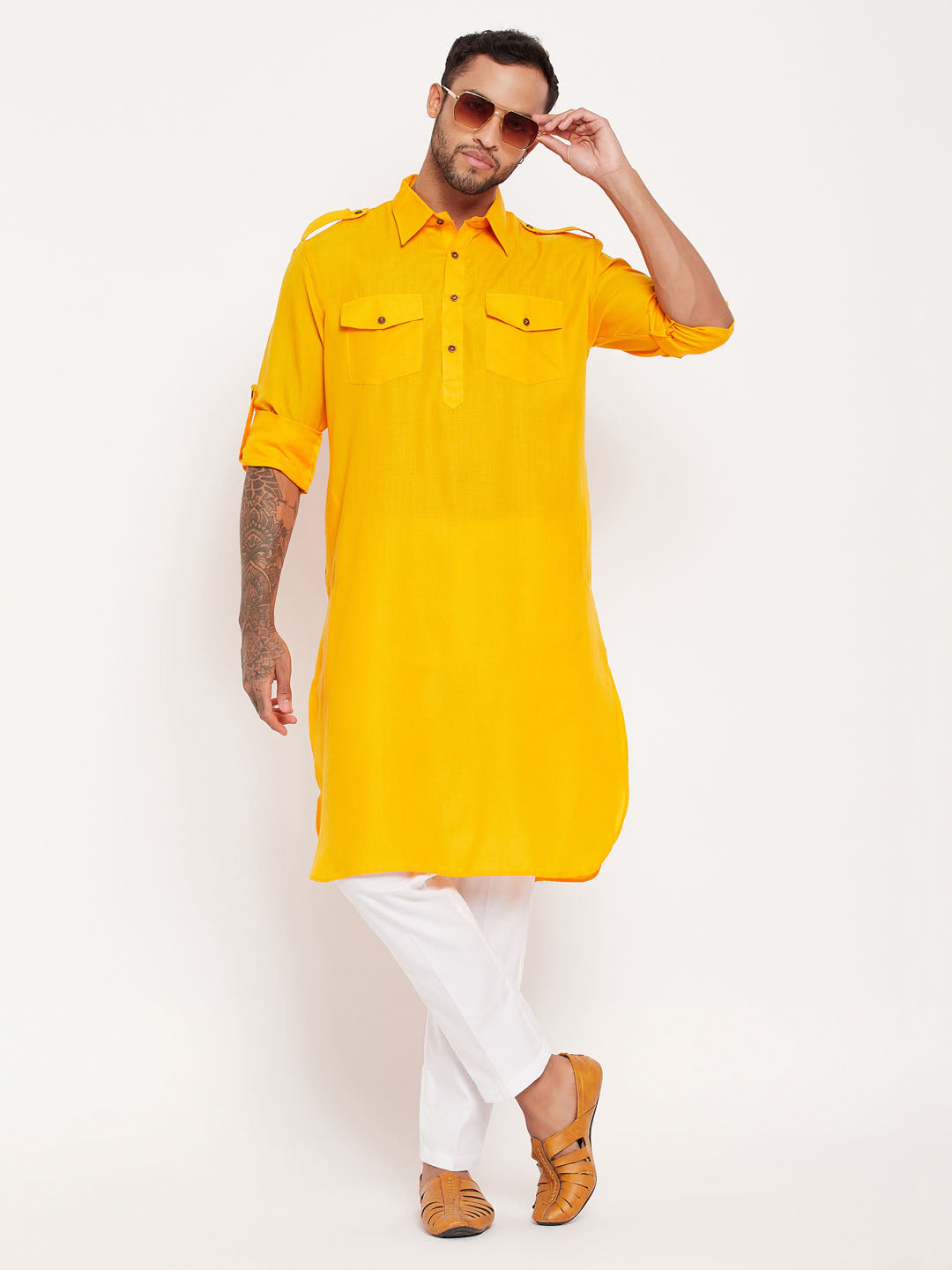 Men's Mustard Pathani Suit With White Pant Set