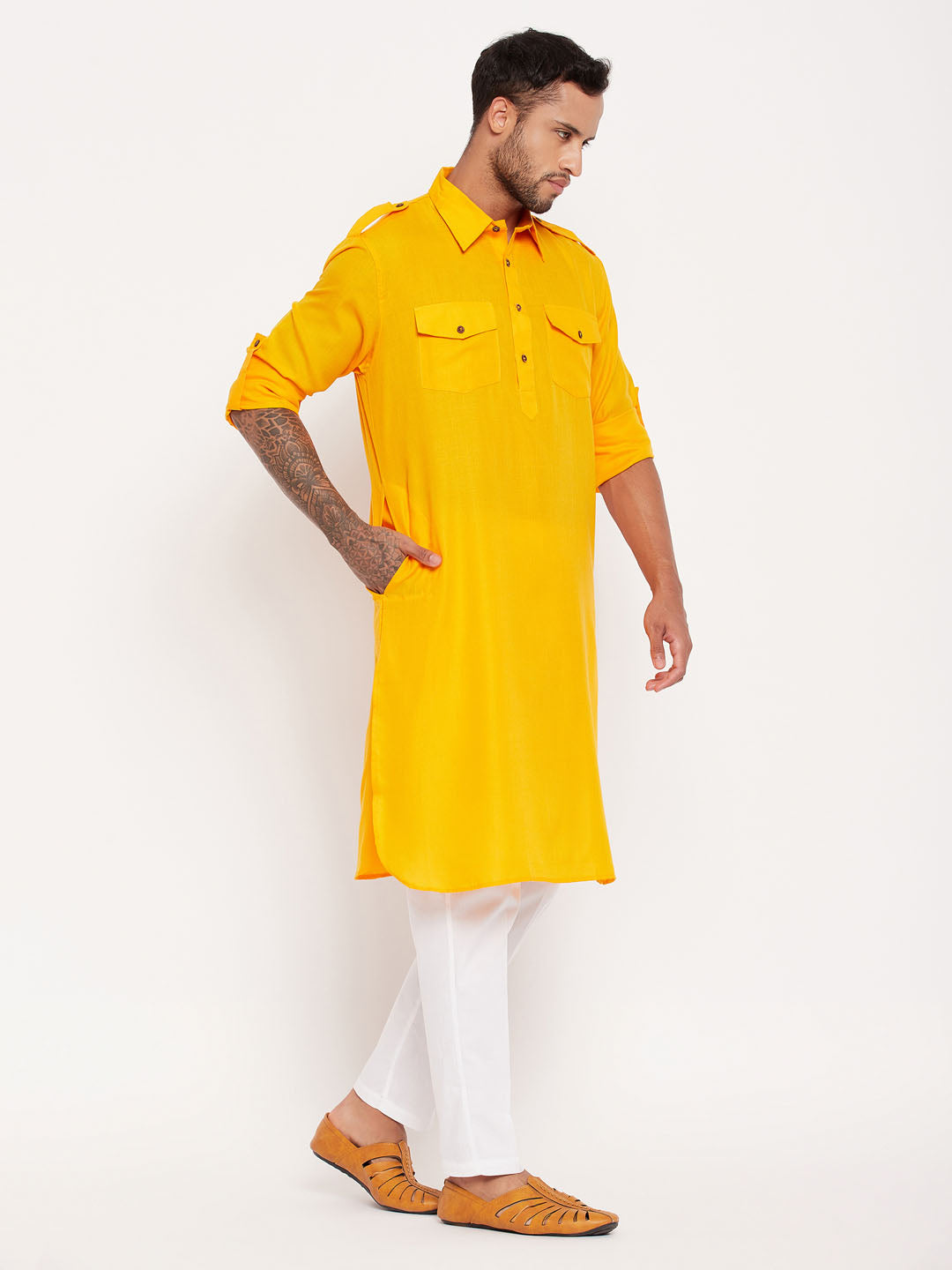 Men's Mustard Pathani Suit With White Pant Set