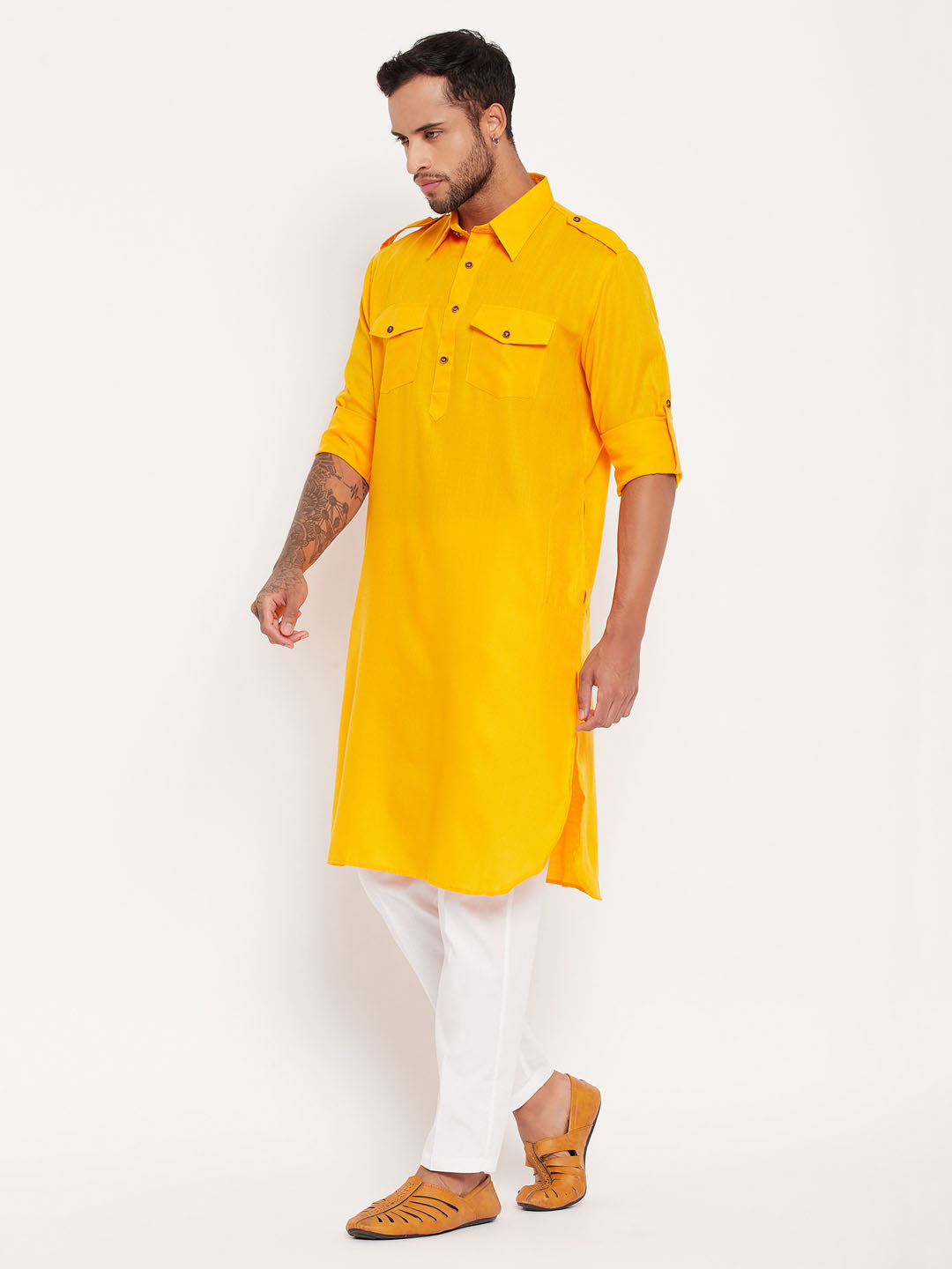 Men's Mustard Pathani Suit With White Pant Set