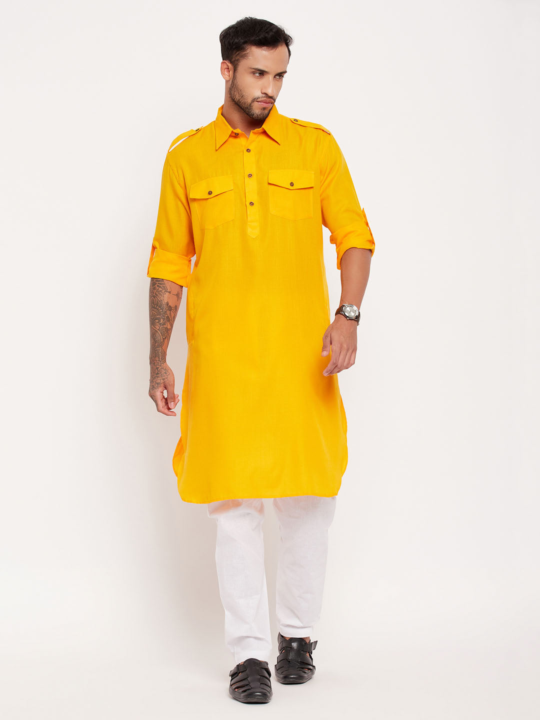 Men's Mustard And White Cotton Blend Pathani Suit Set