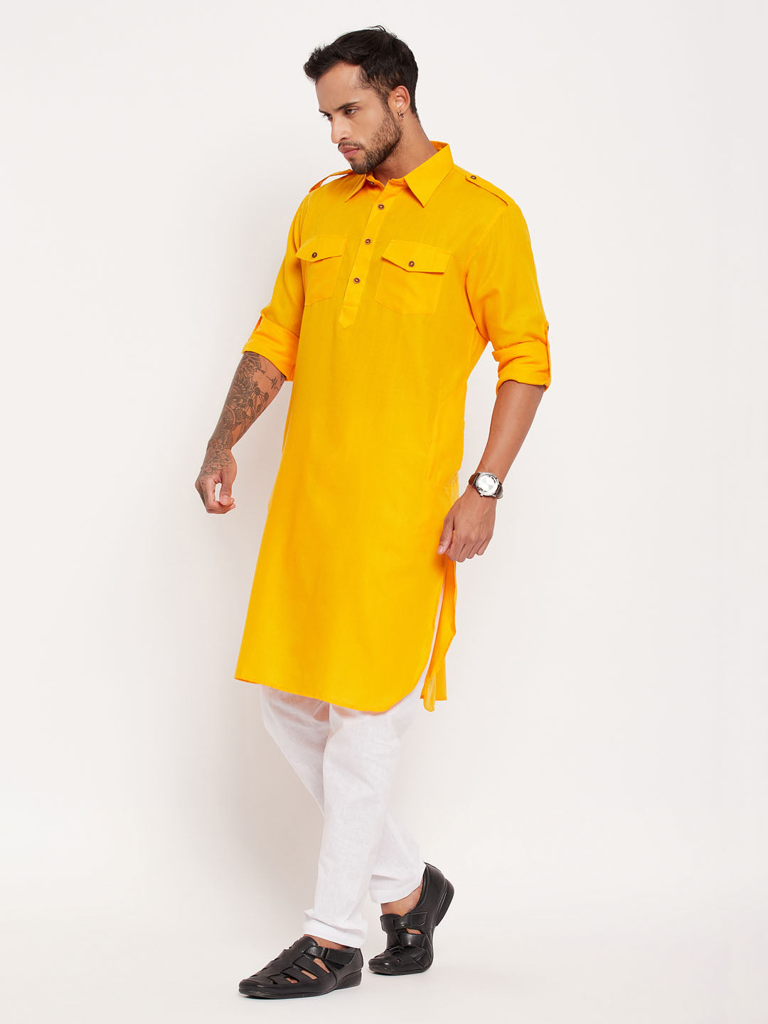Men's Mustard And White Cotton Blend Pathani Suit Set