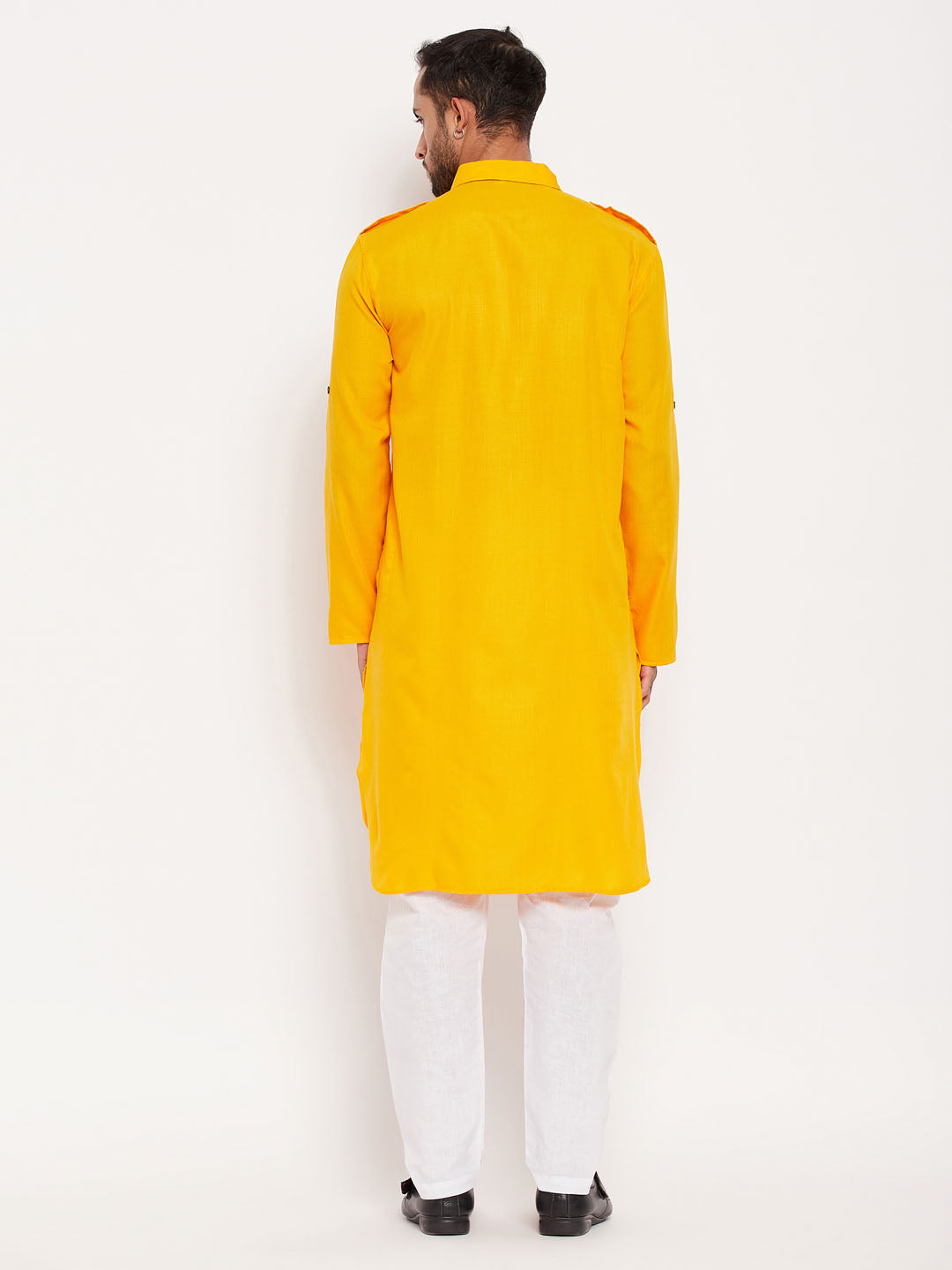 Men's Mustard And White Cotton Blend Pathani Suit Set